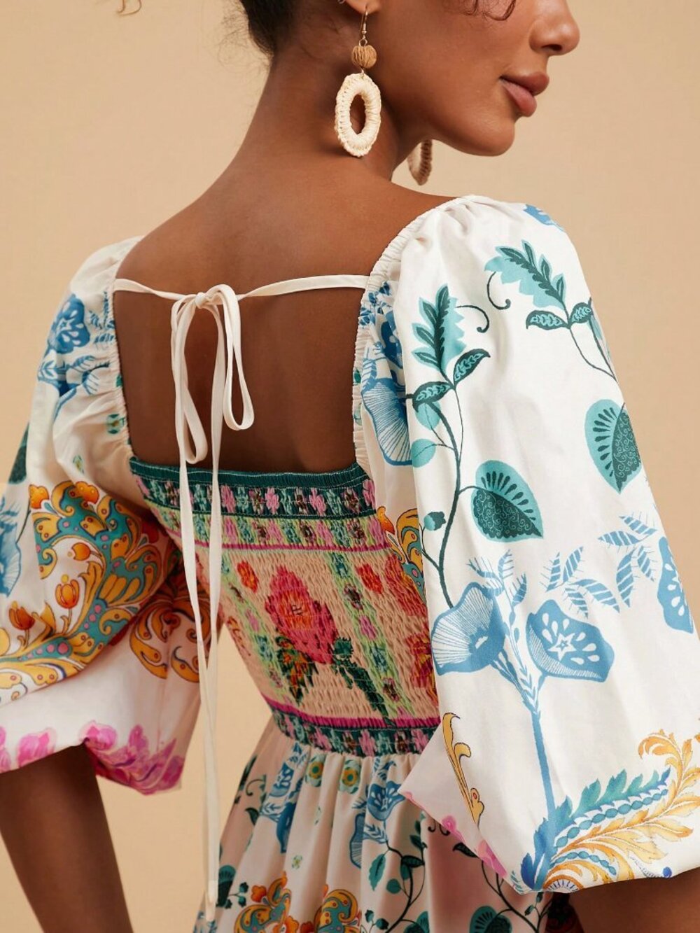 Multicolor Boho Women's Woven Print Short Sleeve V-Neck Mini Dress Festival - Picture 4 of 7
